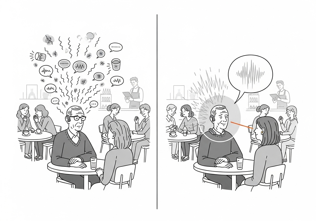 A two-panel illustration shows the benefit of an assistive listening device. In the first panel, an older man in a noisy cafe is overwhelmed and distressed, with chaotic symbols representing jumbled sounds. In the second panel, he wears an advanced hearing device that filters out background noise, allowing him to clearly hear and converse with the person in front of him.